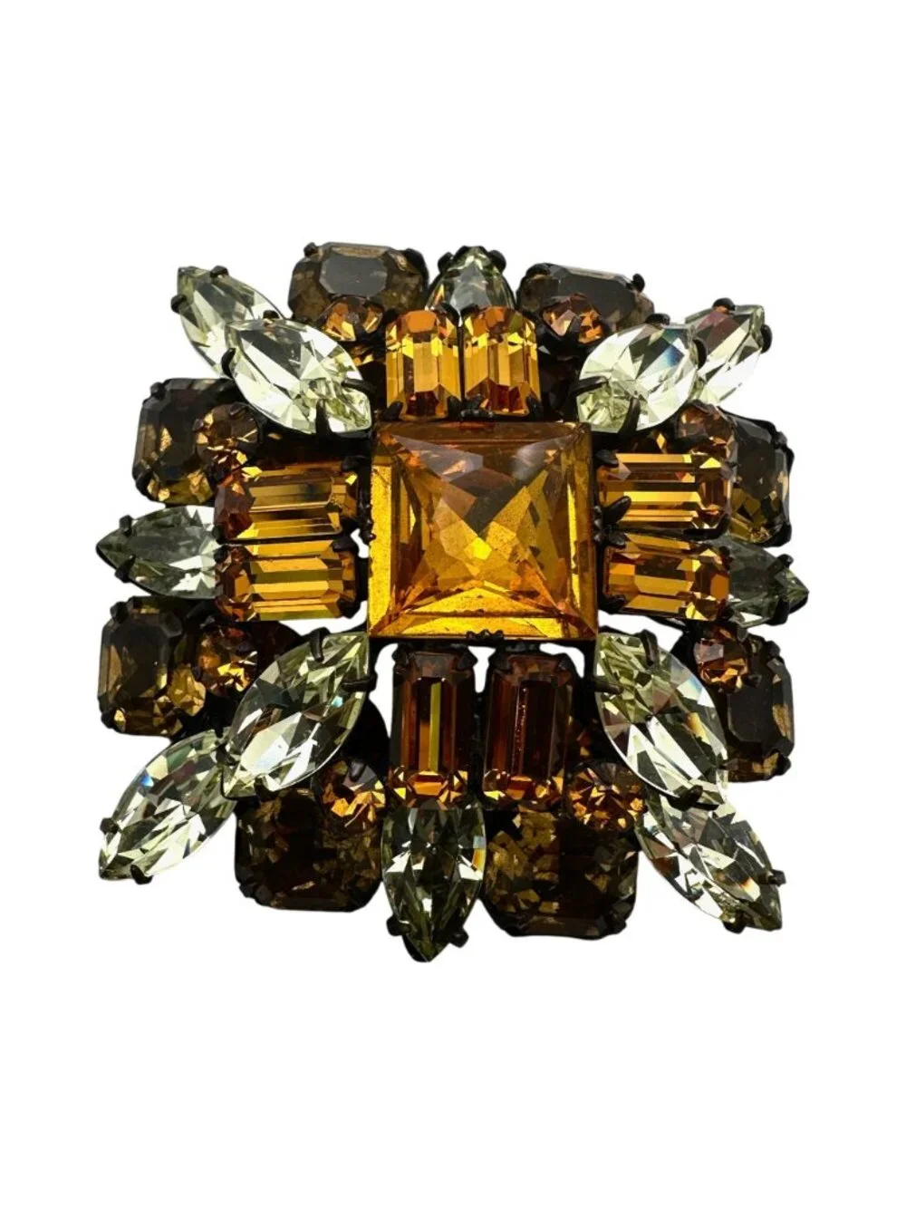 Vintage Unsigned Schreiner New York Brooch Pin Yellow Amber Glass Rhinestone